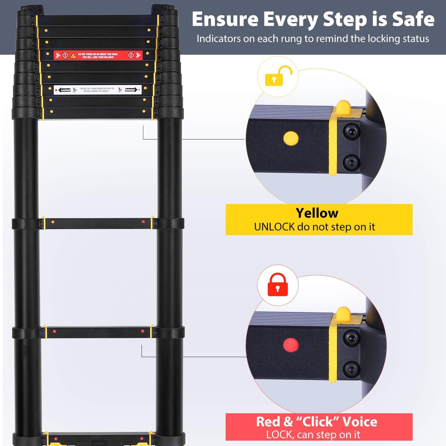 Ohuhu 12.5 FT Premium Aluminum Telescoping Ladder, ONE-Button RETRACTION ANSI Certified Patented Design Extension Ladder, 2020 All New Heavy Duty Extendable Telescopic Ladder with 330 Pound Capacity - - 