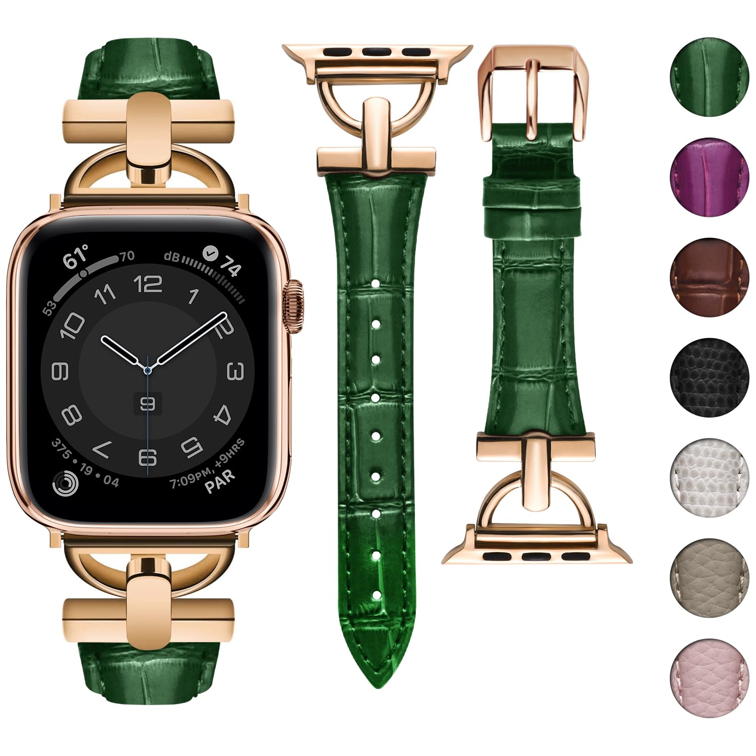 wutwuk Compatible Leather Apple Watch Straps Women 42mm(S11/10) 41mm 40mm 38mm, D-Shape Metal Buckle Leather Wristband for Apple Watch SE3/2/1 Series 11/10/9/8/7/6/5/4/3/2/1 Green+Rose Gold