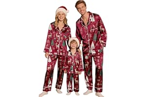 Family Christmas Pajamas Matching Sets Silk Satin Button Up Long Sleeve Shirt Pant Sleepwear Graphic Print 2 Pcs