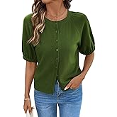 Dokotoo Women's Summer Casual Puff Short Sleeve Cardigan Sweaters Lightweight Soft Crewneck Button Down Knit Sweater Tops