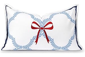 Hofdeco Premium Coastal Hampton Patio Indoor Outdoor Lumbar Pillow Cover Only, 12"x20" Water Repellent for Backyard, Couch, Poolside, Azure Blue Red Embroidered Ribbon Bow Tie on Leaves