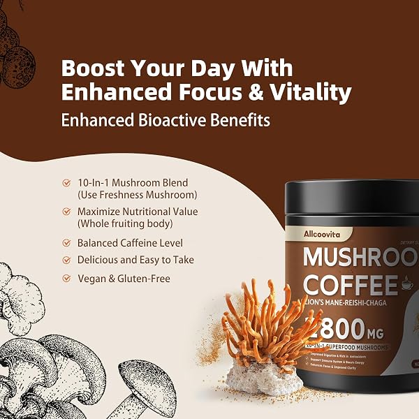 MUSHROOM COFFEE – LIONS MANE MUSHROOM POWDER INSTANT COFFEE WITH LION’S MANE, REISHI, CHAGA, CORDYCEPS, AND TURKEY TAIL – MUSHROOM COFFEE ALTERNATIVE FOR ENERGY, MENTAL CLARITY & FOCUS, BRAIN BOOSTER