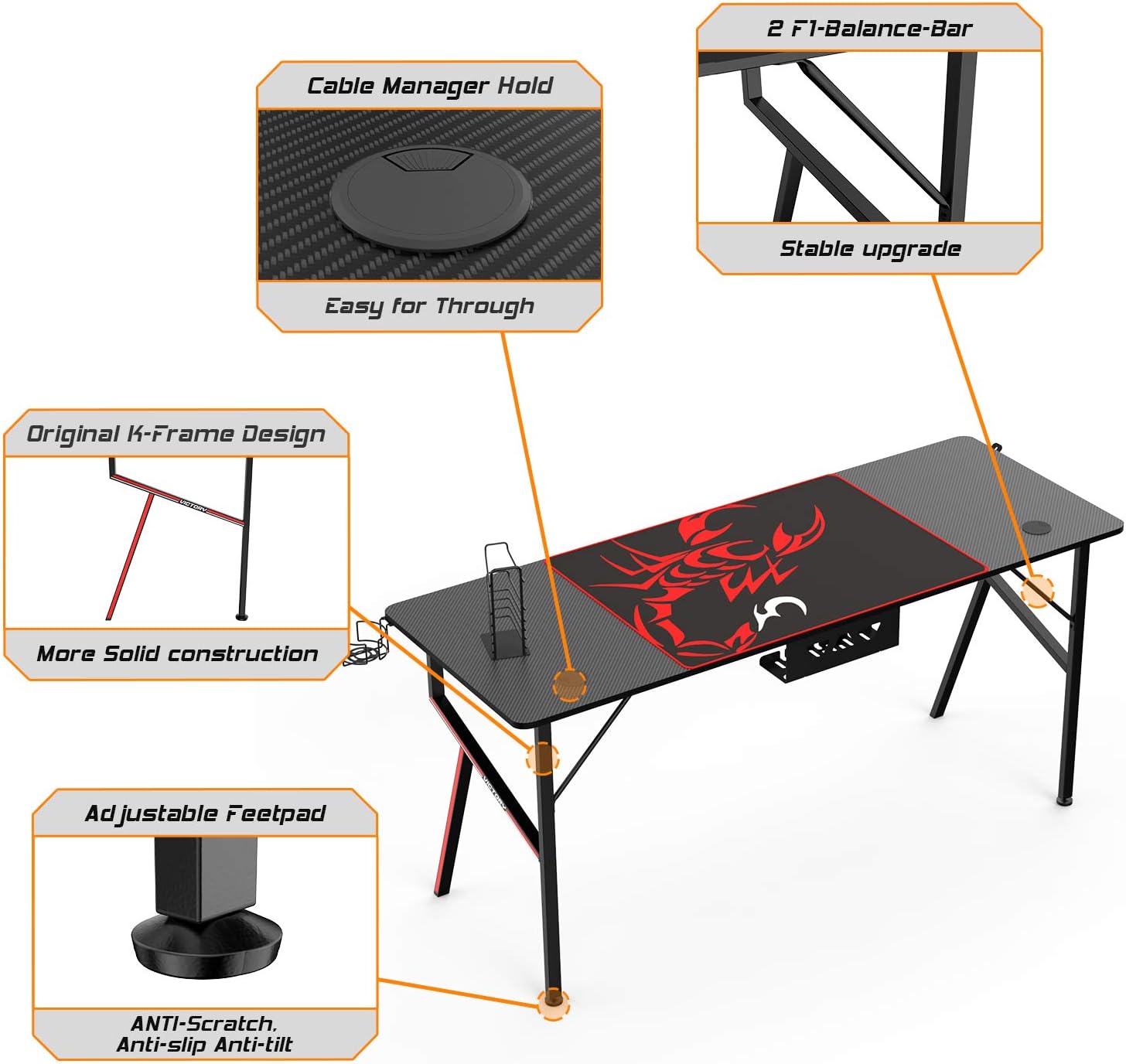 DESIGNA 63'' Gaming Desk, K-Shape Computer Desk with Free Mouse pad, Cup Holder& Headphone Hook & Controller Stand, Gamer Workstation for Home Office, Black: Kitchen & Dining