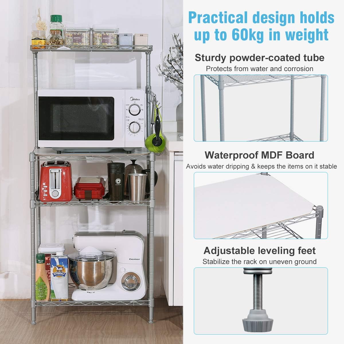 LANGRIA 3 Tier Microwave Stand Storage Rack, Kitchen Wire Shelving Microwave Oven Baker’s Rack with Spice Rack Organizer, Silver Grey - Standing Baker's Racks