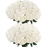 LFF 50 Pcs Realistic White Artificial Roses - Premium Velvet Faux Flowers for Wedding Bouquet, Centerpieces, Home & Party Decoration(White)