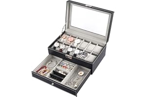Goetland 12-Slot Watch Box Jewelry Display Case 2-Tier Watch Display Case with Drawer Synthetic Leather 12 Watch Slots & 3 La