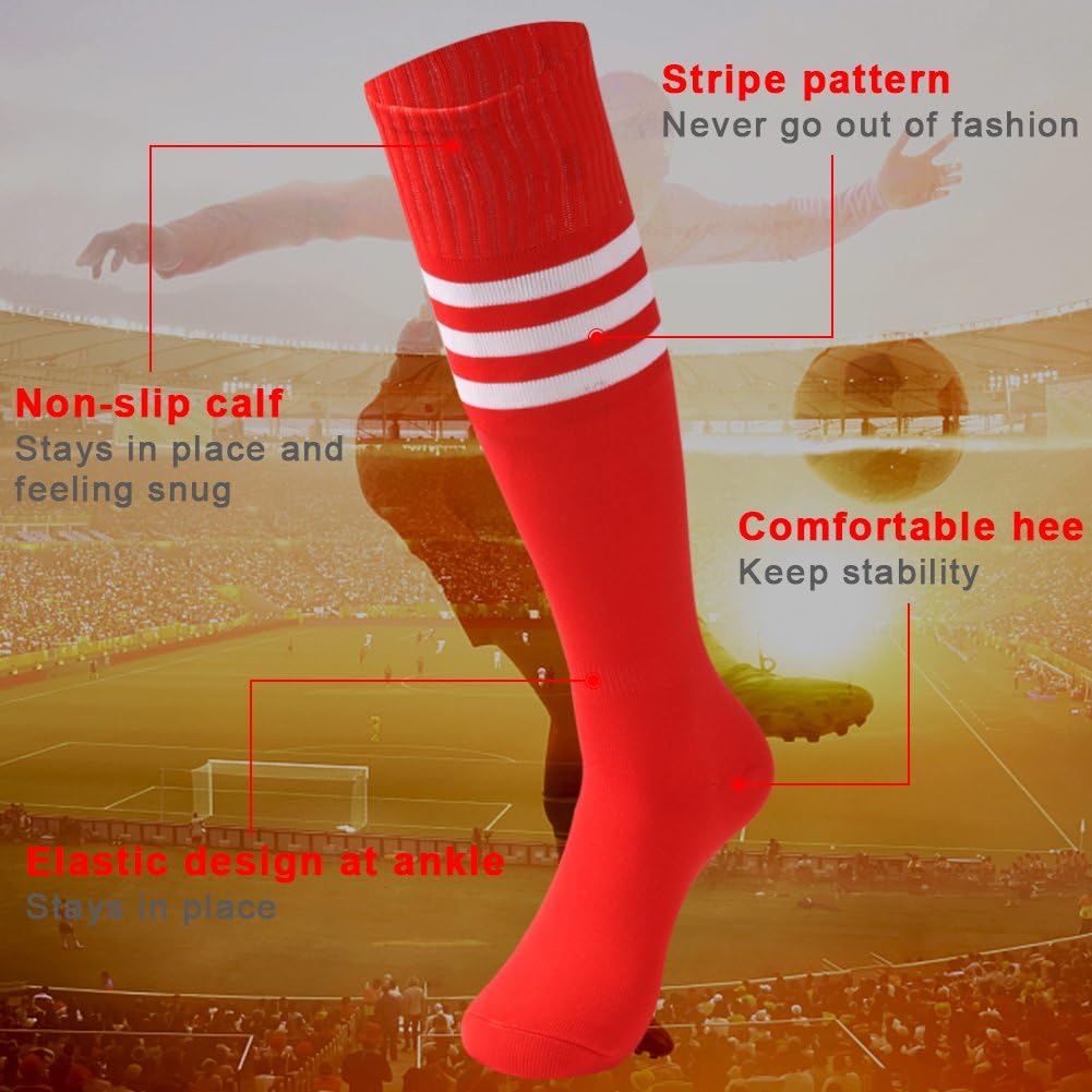 saounisi Adult Long Tube Socks,2 Pairs Knee High Socks Colorful Fashion Stripe Football Soccer School Team Sports Socks Size 9-13 Red/Navy: Clothing
