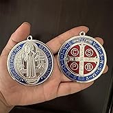 2PCS ST BENEDICT CROSS MEDAL 3 INCH VINTAGE BRASS TONE FINISH FOR WALL OR DESK DISPLAY/MEDALLA DE SAN BENITO (Blue)