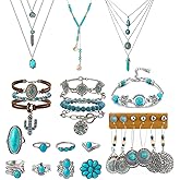 XKAWRT Bohemian jewelry Jewelry SetNecklaceEarrings Stackable Bracelet knuckle Ring Retro Western Bohemian Turquoise jewelry For Women