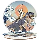 Adastrah Car Coasters Pack of 2,Absorbent Ceramic Car Coasters Set for Women/Men,Drink Cup Holder Coasters,with A Finger Notch for Easy Removal(Cat and Dinosaur)