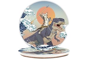 Adastrah Car Coasters Pack of 2,Absorbent Ceramic Car Coasters Set for Women/Men,Drink Cup Holder Coasters,with A Finger Notch for Easy Removal(Cat and Dinosaur)