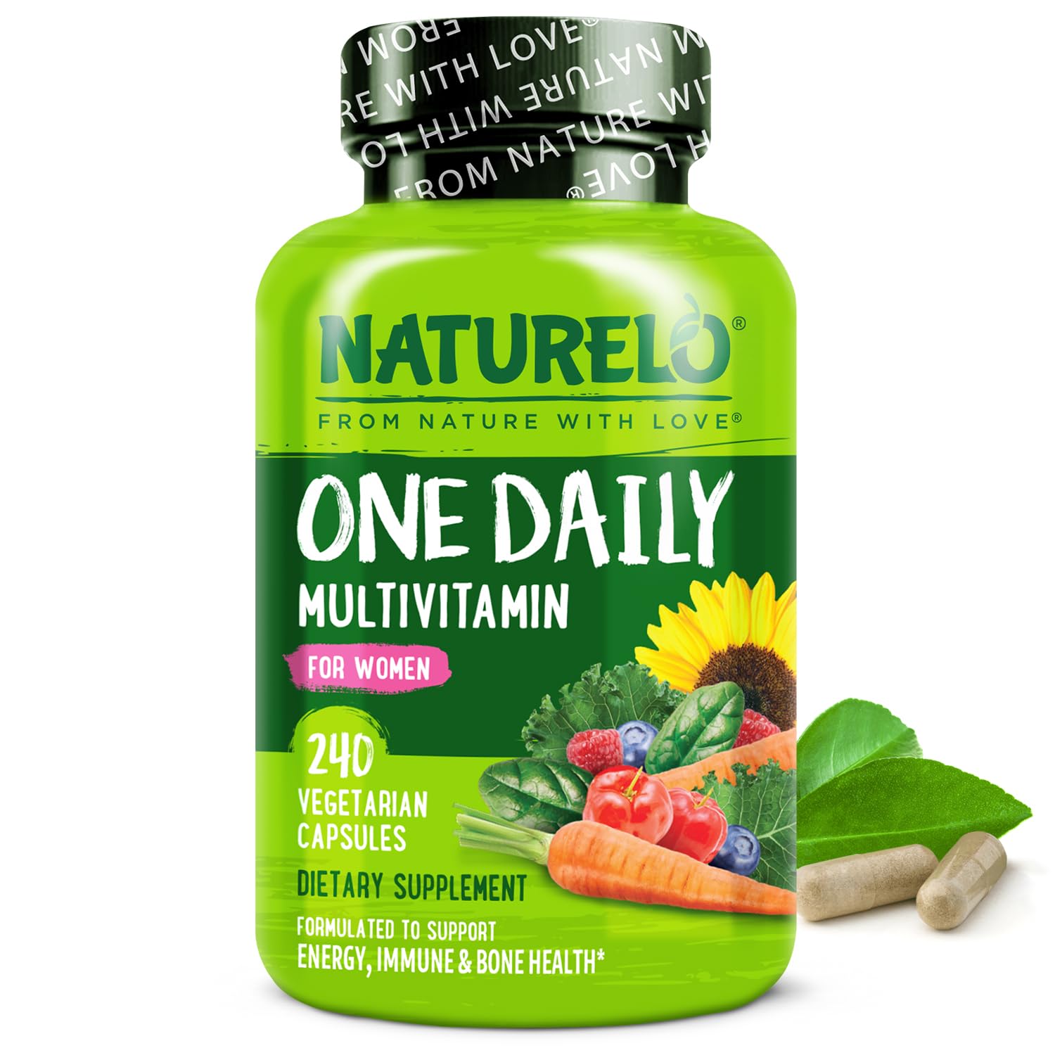 NATURELO One Daily Multivitamin for Women w/Vitamin B12, 240 Ct, Energy Support, Whole Food Daily Women Multivitamin Supplement, Nourish Hair/Skin/Nail, Non-GMO, No Soy, Gluten Free, 8 Month Supply Image