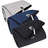 3 Pack Large Golf Towels, 16" x 24" Tri-Fold Portable Microfiber Fabric Waffle Pattern Golf Towel for Golf Bag with Carabiner Clip to Quickly Remove Sand, Mud, Dirt and Sweat