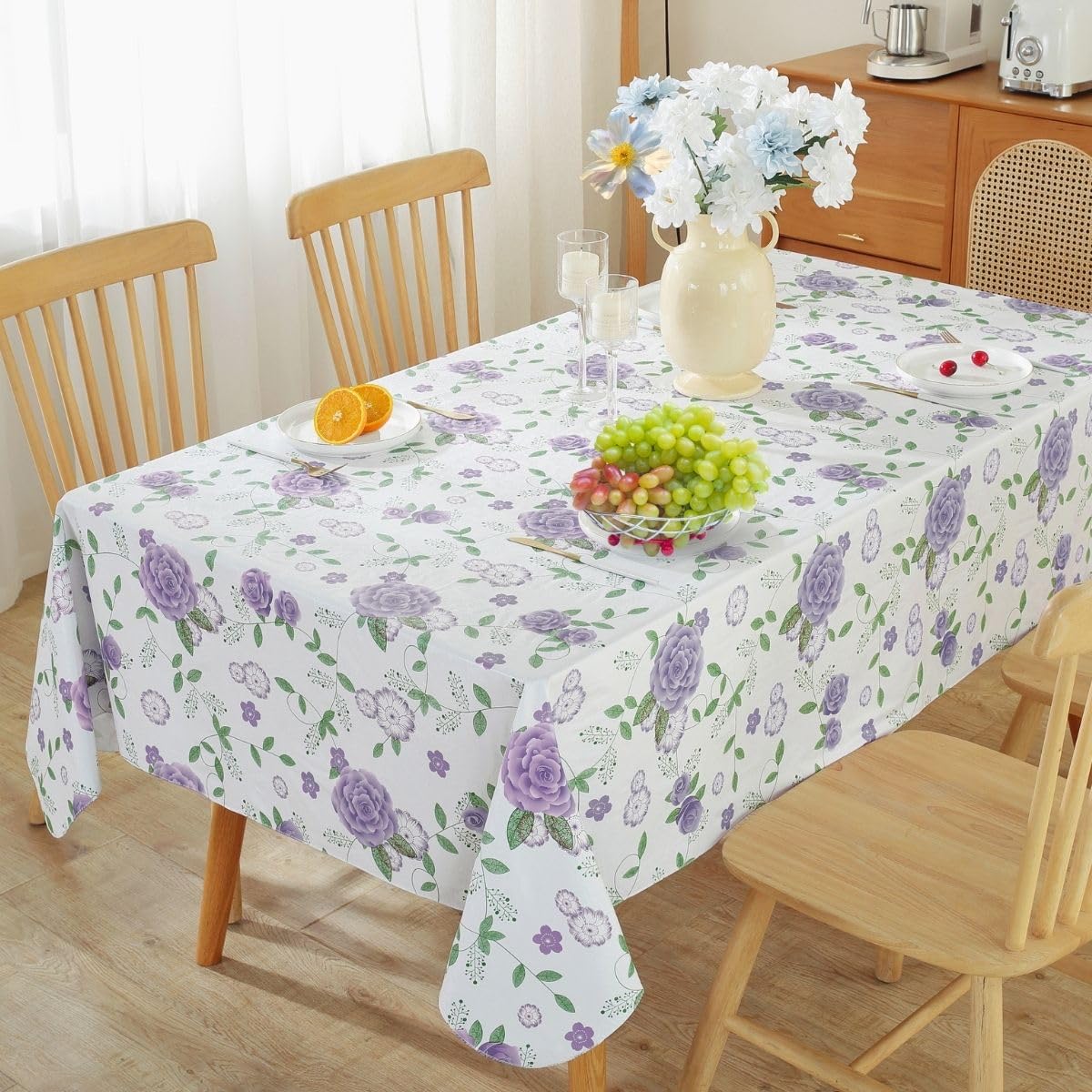 Photo 1 of Honellaty Floral Tablecloth with Flannel Backing, Spring Vinyl Tablecloths Rectangle Table Cover, PVC Table Cloth for Dining, Kitchen, Party, Mother's Day (60×102 Inch) Purple Rose