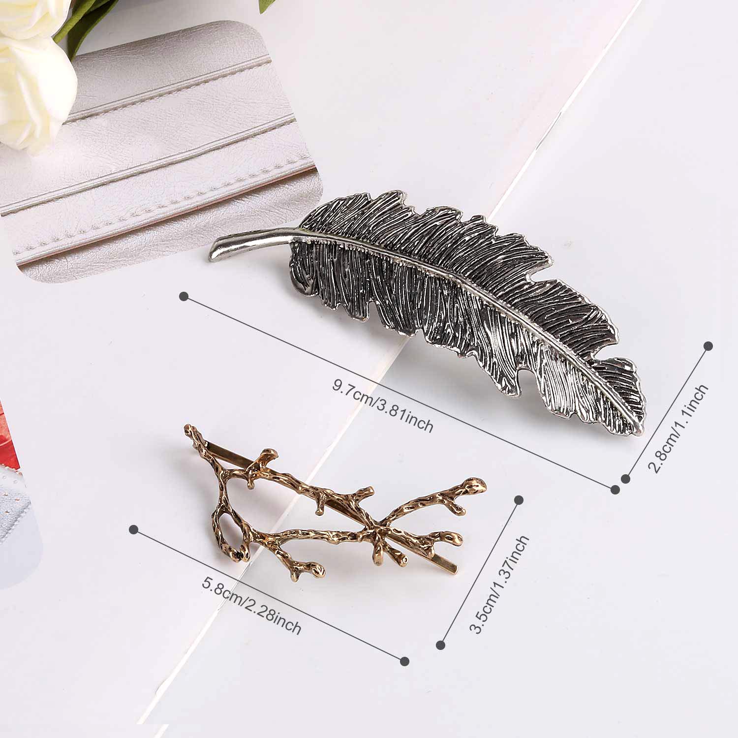 Womens Barrettes, Fascigirl 12PCS Metal Hairpins Gold Silver Butterfly Hair Clips for Girls Tree Branch Alloy Geometrical Moon Circle Bowknot Hair Circle Barrettes (Tree Branch + Tree Leaf)