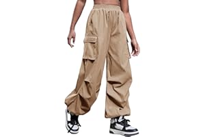 OYOANGLE Girl's Elastic Waist Flap Pocket Cargo Pants Streetwear Trousers with Pocket