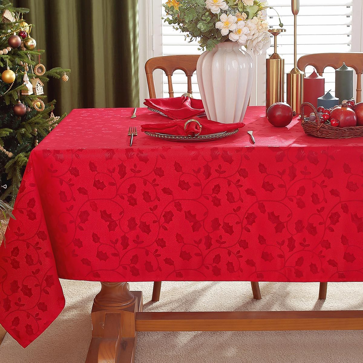 SASTYBALE Christmas Tablecloth Rectangle, Spillproof and Wrinkle Resistant Jacquard Table Cloth with Holly Leaves Patterns for Dining Room & Holiday Decoration (Red, 152 x 213 cm (6-8 Seats))