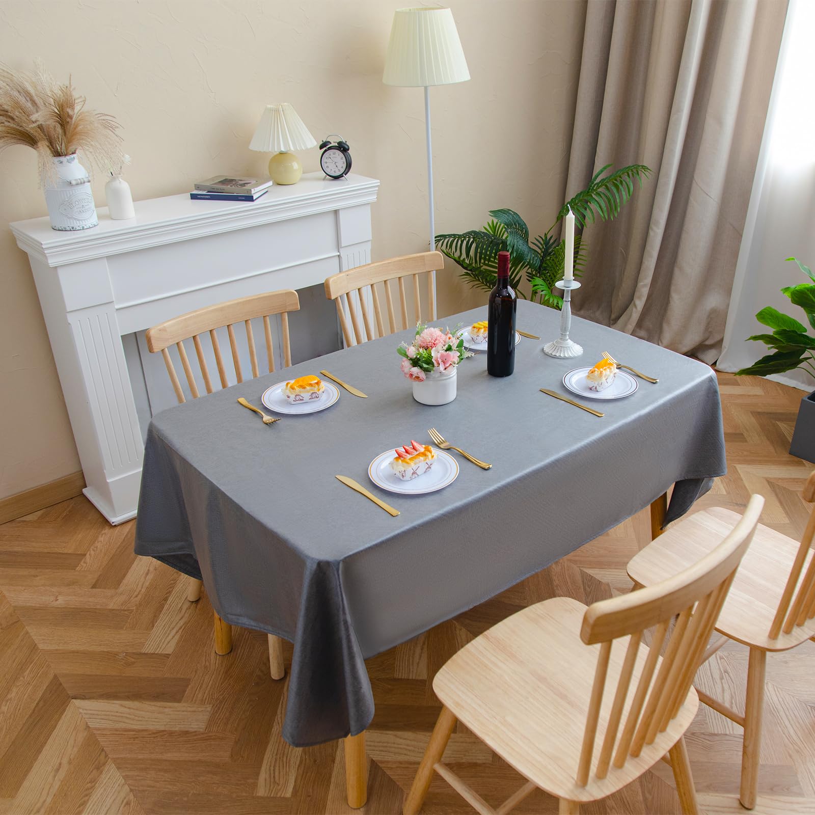 Velway Linen Table Cloth Waterproof 140x200cm Rectangle Table Cover Wipe Clean 6 to 8 Seater Dining Table Cover Washable Fabric Tablecloth Indoor & Outdoor for Kitchen Picnic Tabletop Decor, Dark Grey