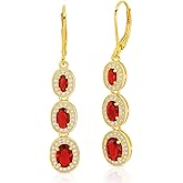 925 Sterling Silver with 18k Gold Overlay Oval Dangle Drop Earrings For Women with Simulated Emerald, Ruby, or Sapphire Graduated with Leverback by MAX + STONE