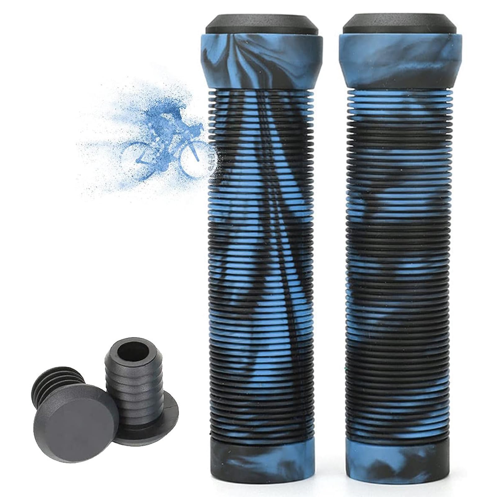 LORESJOY MTB Rubber Bike Grips 2 Pieces Bicycle Handlebar Protector Soft Non-slip Ergonomic with End Caps - for Mountain/Road/Mountain Bike (Blue)