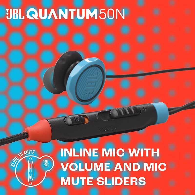 Quantum 50N, auscultadores gaming intra-auriculares com fios, USB-C, JBL Quantum SURROUND, microfone, botão de volume e de silêncio, compatibilidade multiplataforma, azul e vermelho