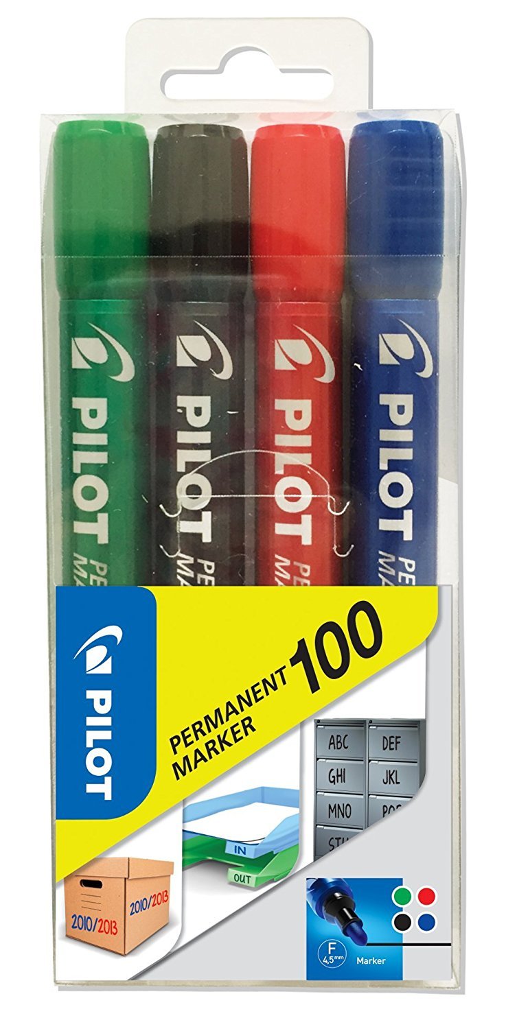 Pilot Permanent Marker 100 Bullet 4.5mm Tip Pack of 4- Black/Red/Green/Blue