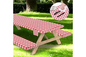 WRAKUS Fitted Picnic Table Cover with Bench Covers Vinyl Waterproof Elastic Edges Fitted Rectangle Tables Patio Tablecloth Camping Gear and Essentials Rv Accessories Road Trip Supplies Car Travel Must Haves