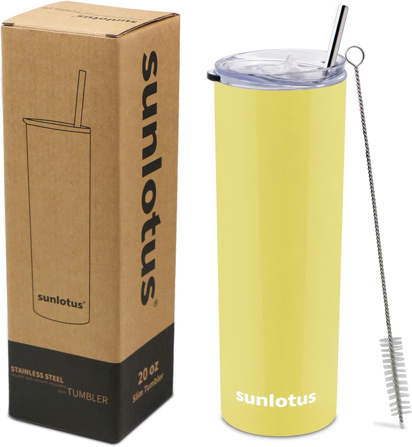 Sunlotus 20 oz Stainless Steel Tumbler Vacuum Insulated with Lid and Straw,Skinny Travel Mug,Straw Cleaner,Vinyl DIY Gifts(Lemon Yellow)