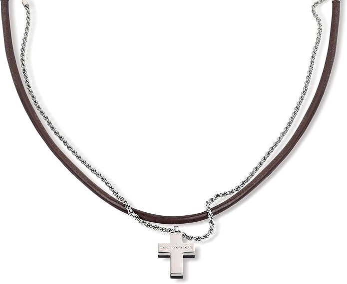 Emporio Armani Gents Sterling Silver Cross On Leather And Chain Amazon