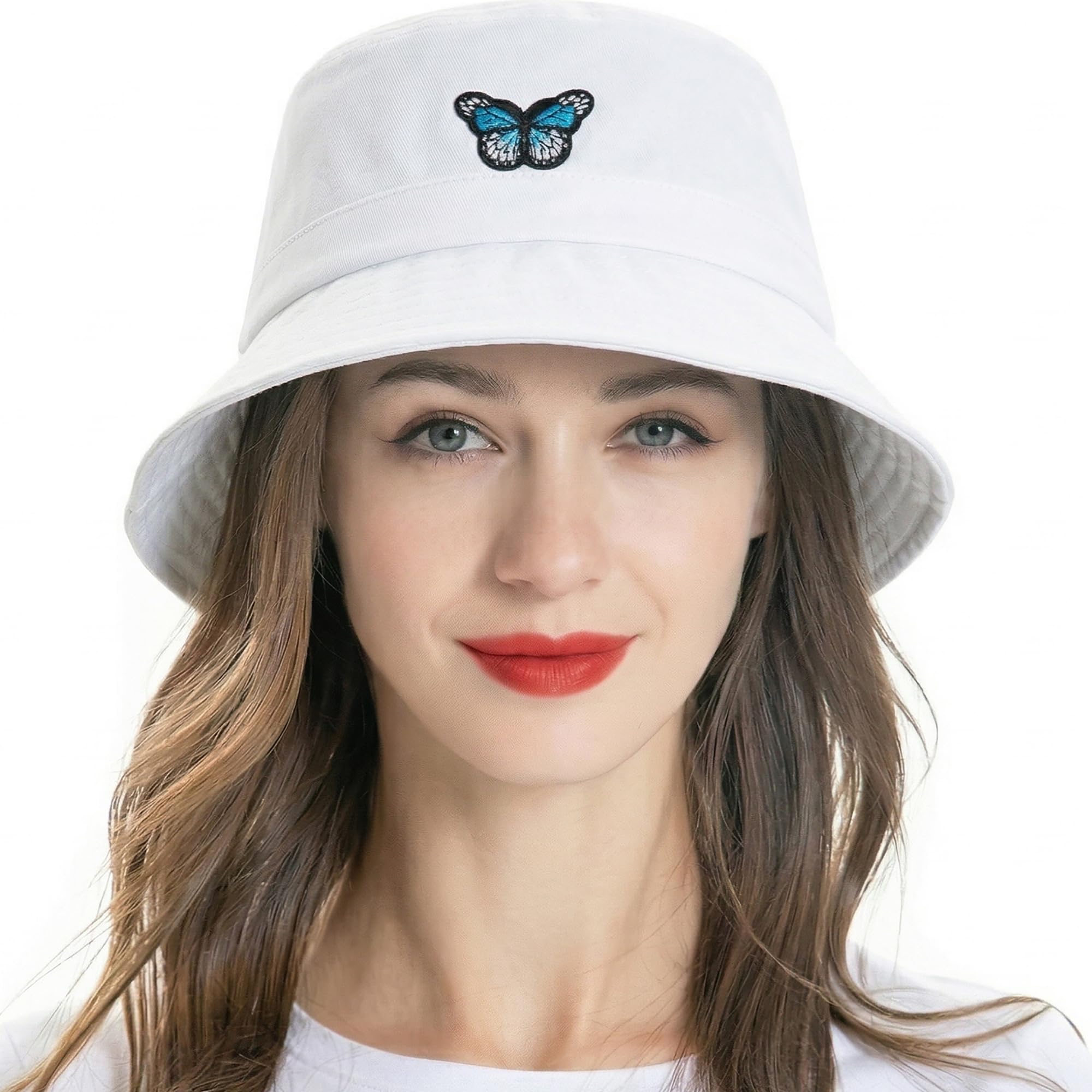 ZLYC Women Men Bucket Hat Embroidered Sun Fishing Hats Summer Outdoor Hat(Butterfly Pure White),One Size