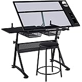 Yaheetech Drafting Table w/Stool Height Adjustable Multifunctional Art Craft Artists Desk Tilting Glass Tabletop Diamond Pain