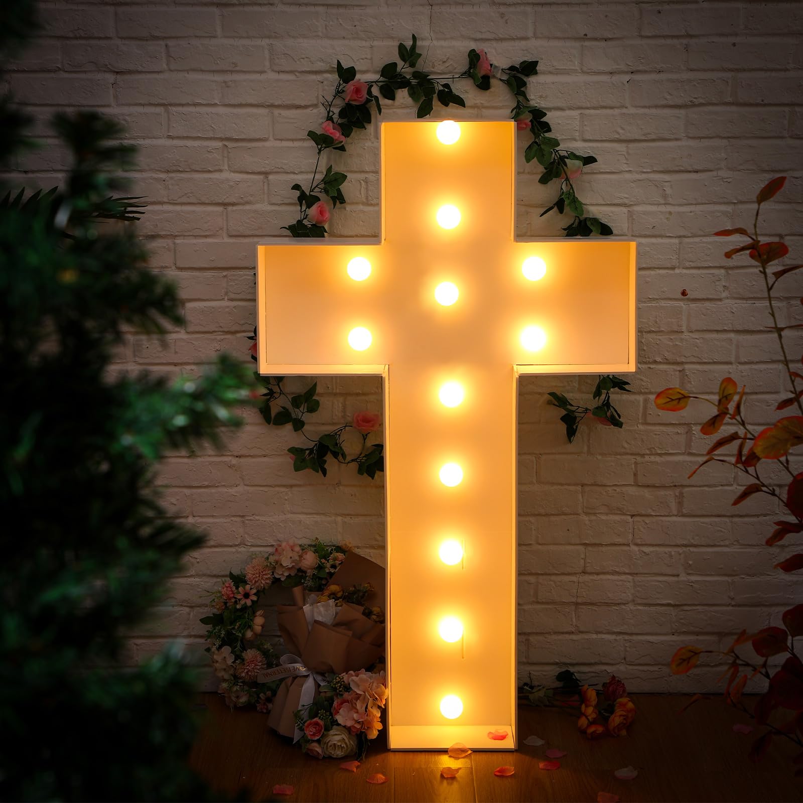 Photo 1 of Maxcheck Marquee Large Light up Decoration, 4ft Balloon Frame with Bulb Light String Foam Marquee Signs for Eid Birthday Engagement Baby Shower Party Decorations(Cross)