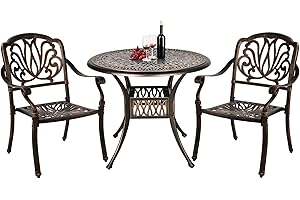 Grepatio 3 Piece All Weather Cast Aluminum Dining Set - 2 Elizabeth Chairs and 35.4" Bistro Table with Umbrella Hole -Outdoor Furniture Dining Set for Patio