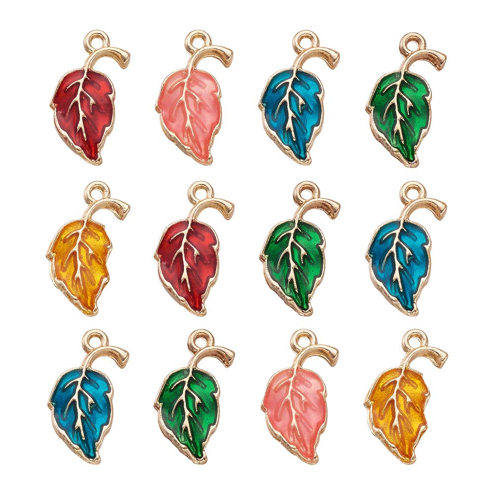 Cheriswelry 50pcs Alloy Enamel Leaf Charms Pendants Golden Plated 5 Colors for DIY Jewelry Crafts Making Hole:1.5mm
