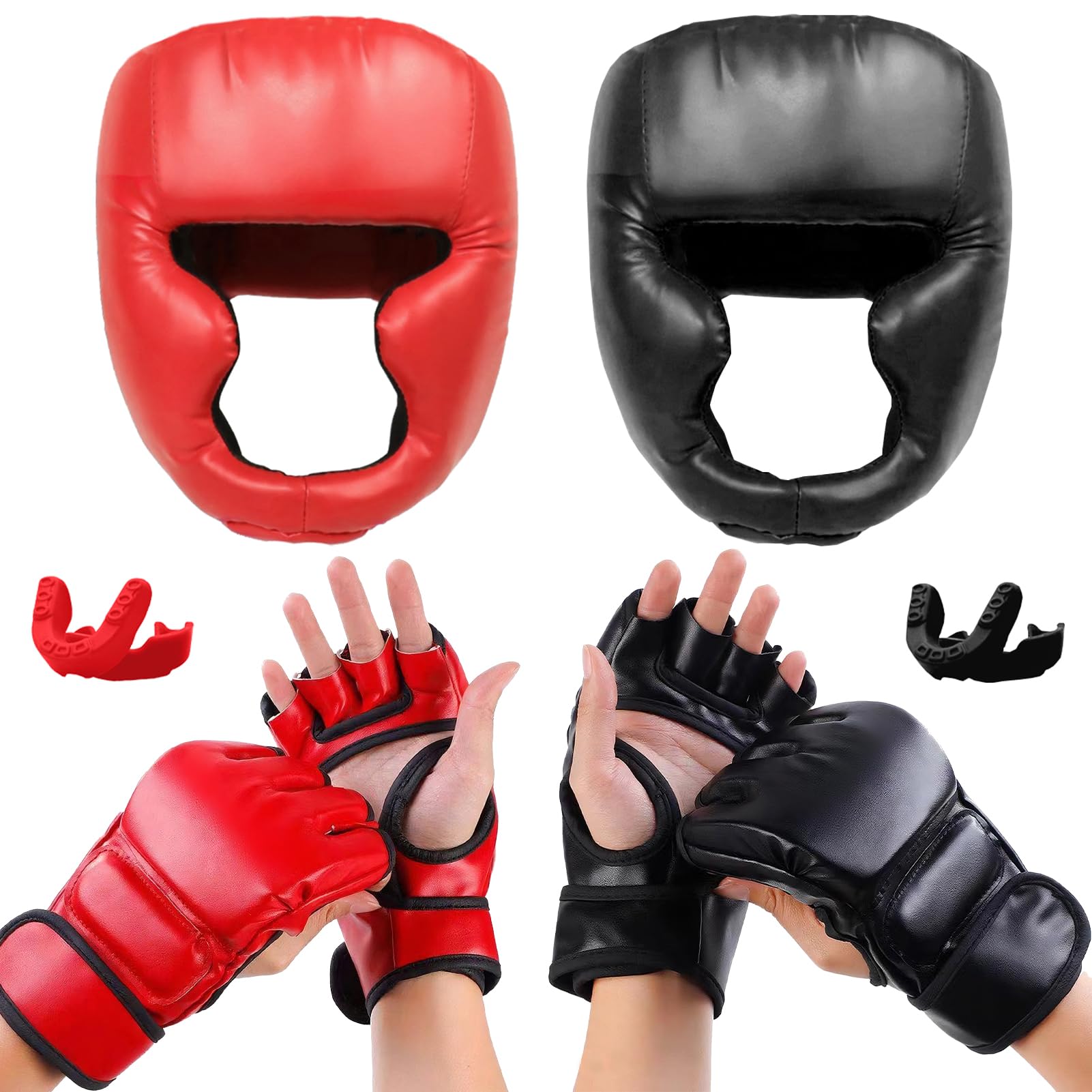 Photo 1 of 10 Pcs MMA Sparring Gloves MMA Glove Set for Beginners Including 2 Pair of 6 oz Boxing Gloves Headgear Helmet Mouth Guards Gifts for Kids Beginners Training Equipment