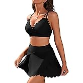 Charmo Scalloped High Waisted Tummy Control Bikini with Skirt V Neck Self Tie Two Piece Swimsuit for Women 2025