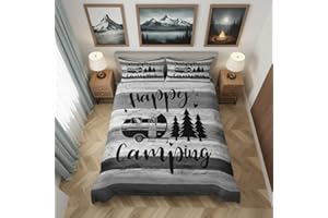 Castle Fairy Camper Duvet Cover Queen Set,Vintage Barn Door Stripes Bedding Set 3pcs for Kids Teens,Happy Camping Truck Graff