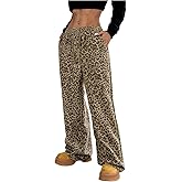WDIRARA Women's Leopard Sweatpants Drawstring Waist Wide Leg Baggy Pants Streetwear
