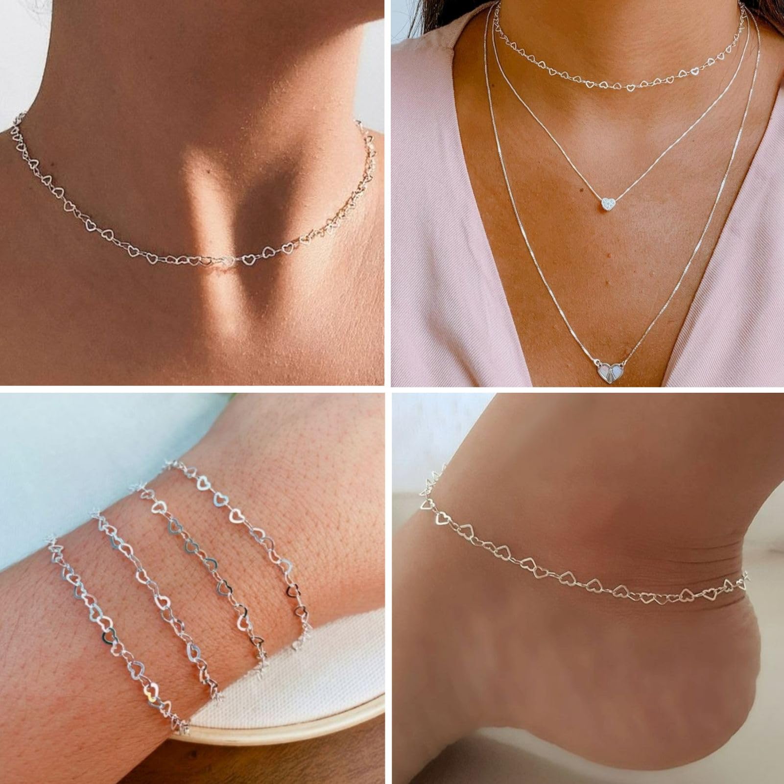 KYUNHOO 16.4 Feet/5M Silver Heart Necklace Chains for Jewelry Making Solid Copper Chain Bulk Heart Cable Link Chain Roll with Jump Rings and Lobster Clasps Jewelry Supplies Findings