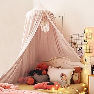Kertnic Decor Canopy for Kids Bed, Soft Smooth Playing Tent Canopy Girls Room Decoration Princess Castle, Dreamy Mosquito Net Bedding, Children Reading Nook Canopies in Home (Pink)