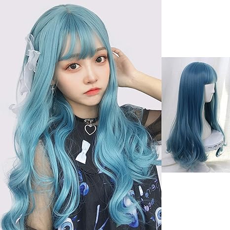 Amazon Co Jp ウイッグ かつら 女性 スカイブルーウィッグ女性の長い巻き毛自然の長い髪のシミュレーション 同じ性格のフルヘッドギア ホーム キッチン