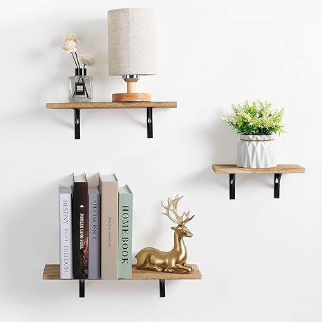 Amazon Com Haton Floating Shelves Rustic Wood Wall Storage Shelves Wall Mounted Decorative Display Shelves Small Shelf Organizer Set Of 3 For Living Room Bedroom Kitchen Bathroom Office Kitchen Dining