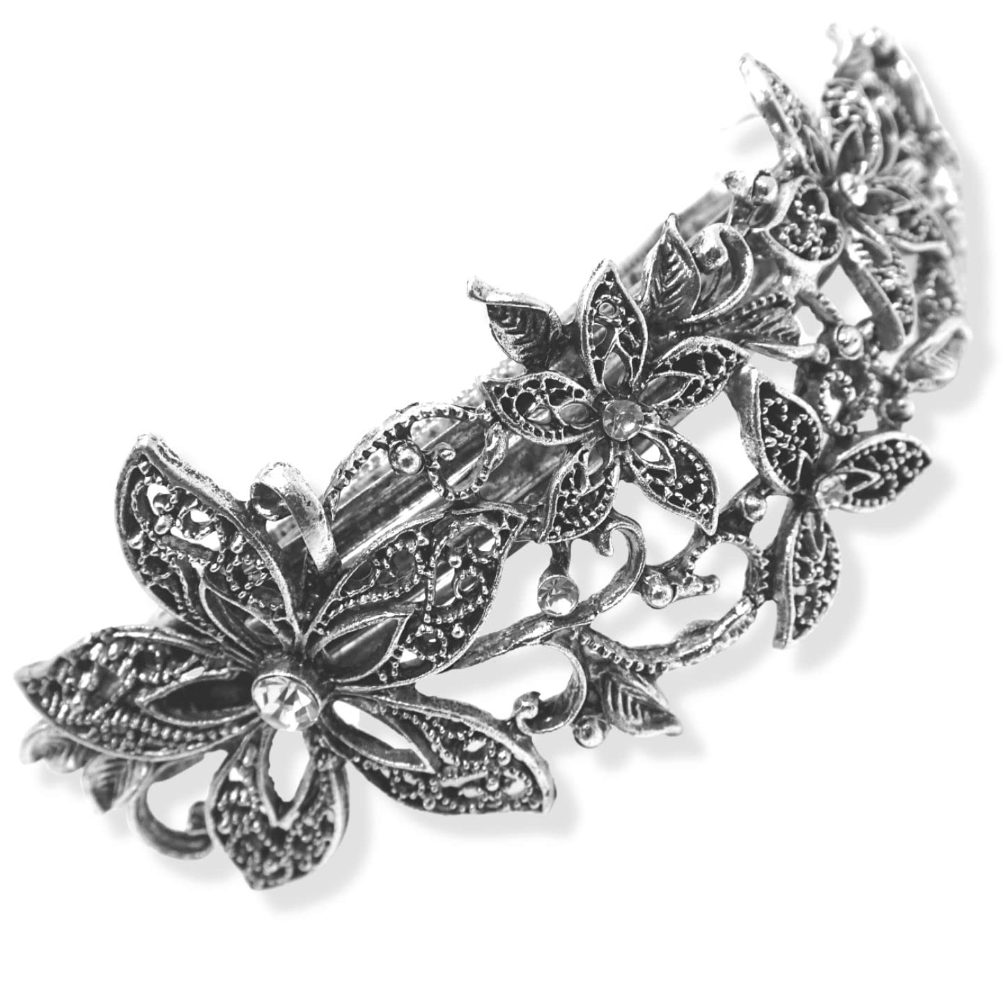 Topkids Accessories Vintage Hair Barrettes for Women, Flower Hair Clip, Hair Accessories for Women, Diamante Hair Clips for Women, Bridal Hair Accessories (Silver Crystal Flower 10cm)