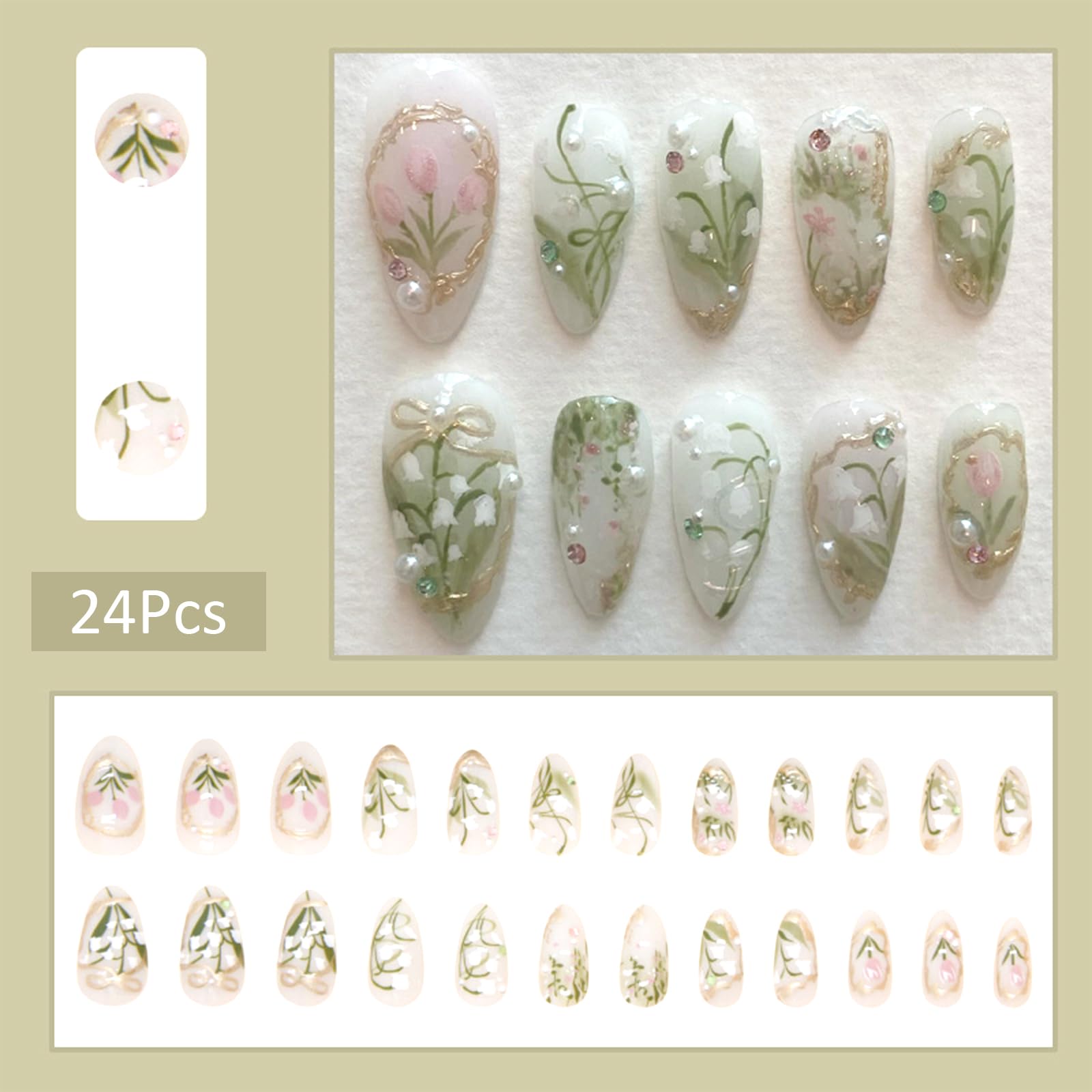 24Pcs Flower Bow Press on Nails Short Almond Fake Nails with 3D Pearl Diamond Design Pink White Flower Full Cover Stick on Nails Handmade Artificial Gradient Glossy Acrylic Nails False Nails for Women - Image 2