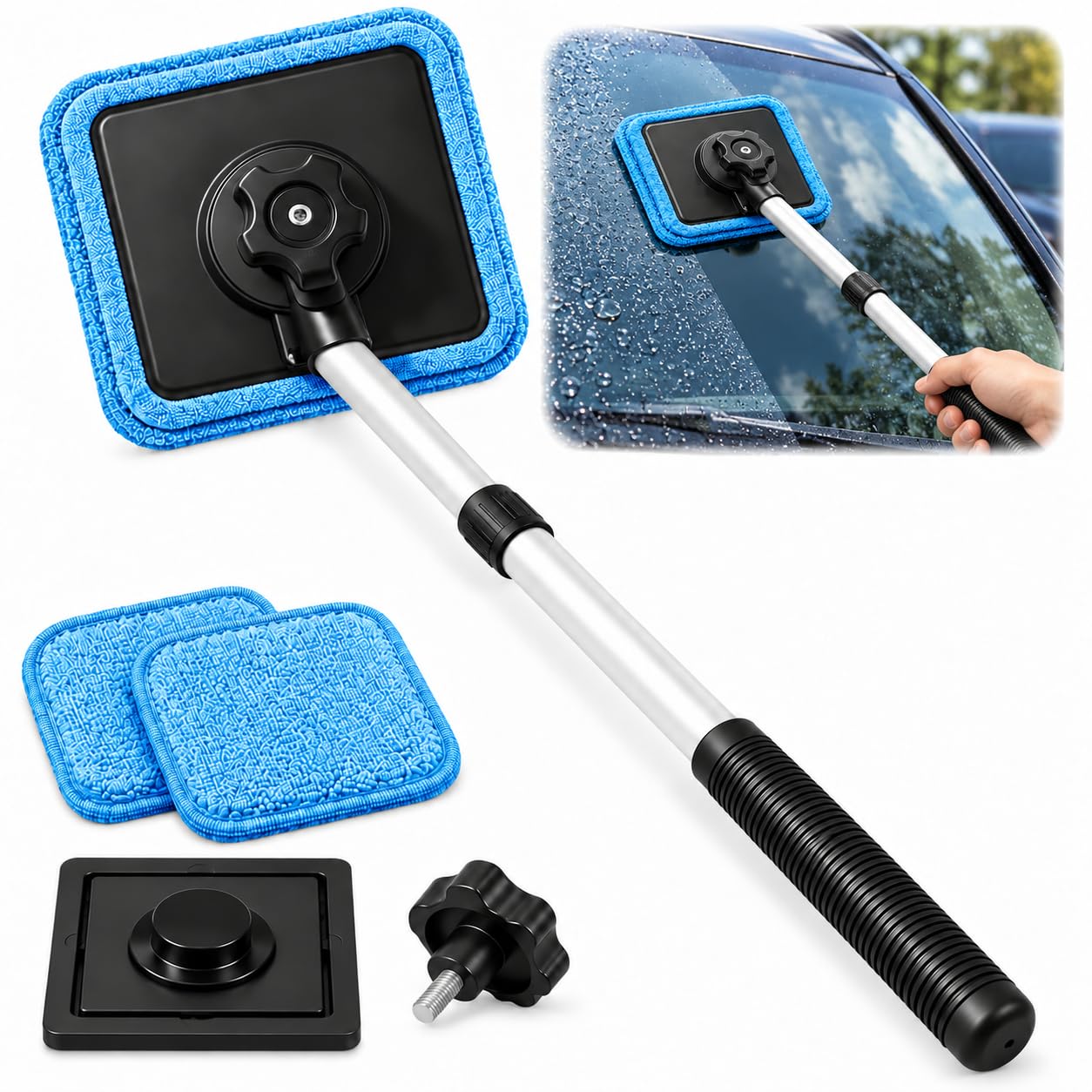 Dual Magnetic Car Windshield Cleaner, Dual Side Car Glass Cleaner, 1 Set | Extendable Handle With Reusable Microfiber Pads fo