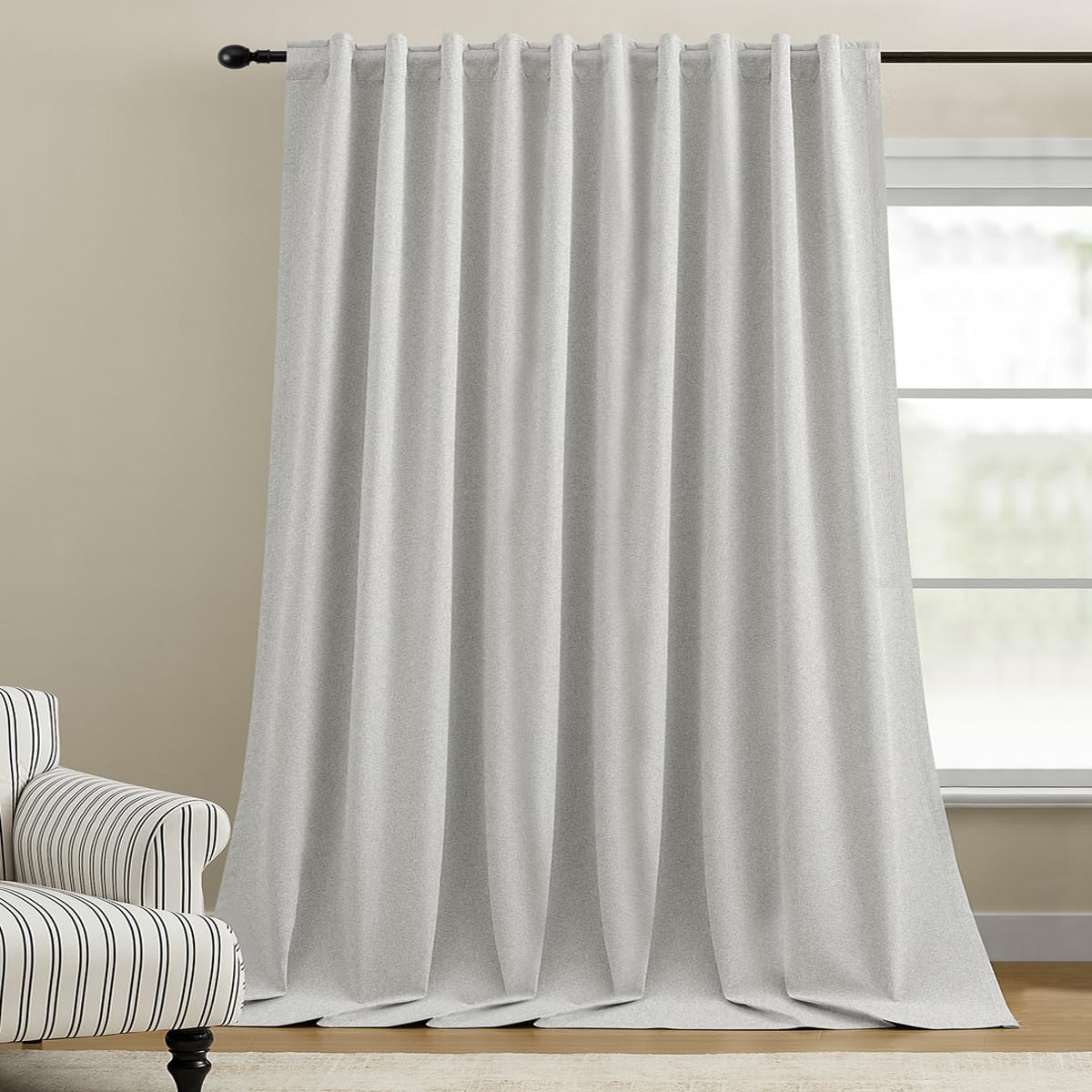 Photo 1 of Dreaming Casa 100% Blackout Curtains 96 Inches Long, Linen Textured Window Treatment Rod Pocket & Back Tab Curtain Drapes for Bedroom Living Room Divider, 2 Panels, 100" W x 96" L, Greyish White