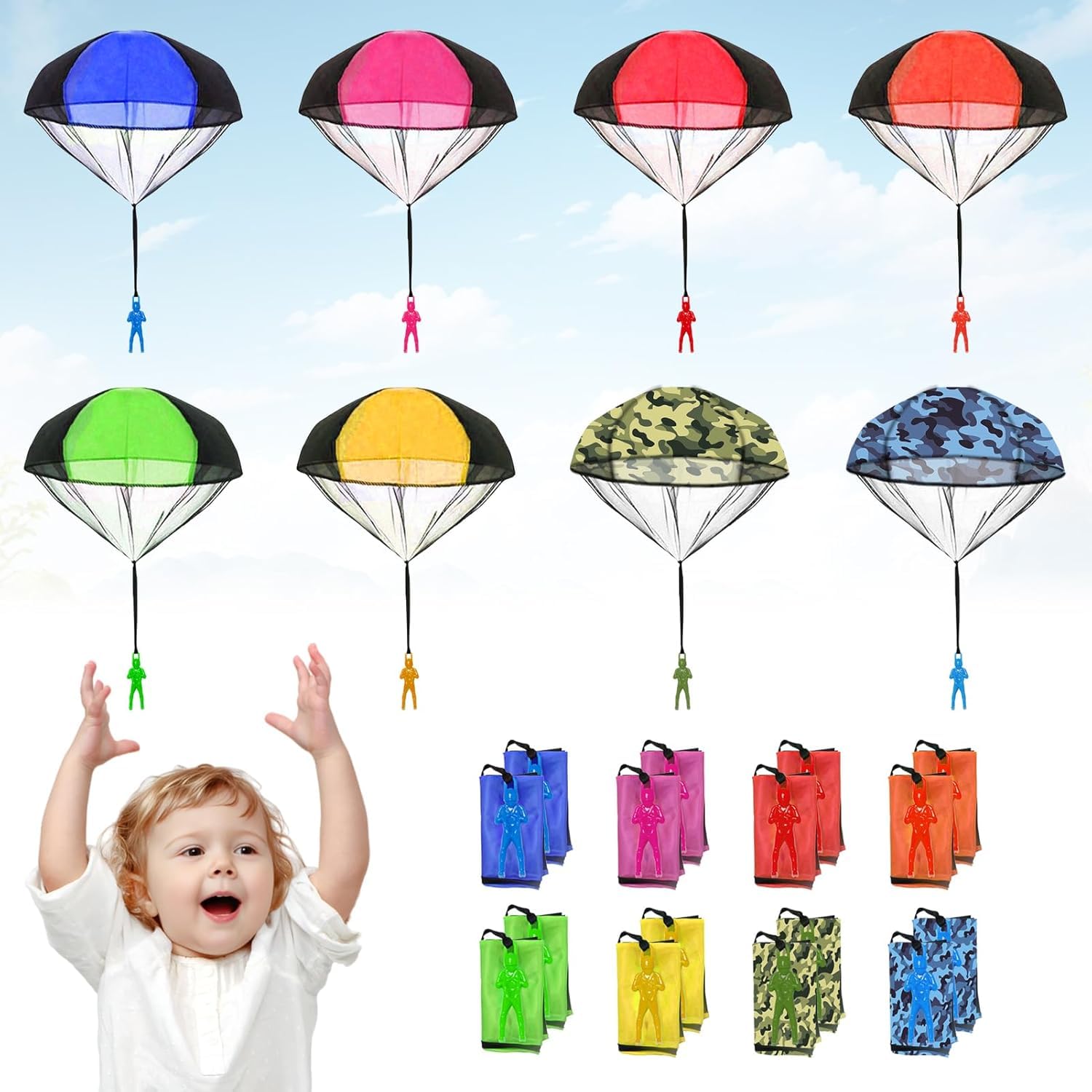 Neikafan 16 Pcs Parachute Toy Hand Throw Parachute Toys for Kids Soldiers Army Men Play Parachute Game Outdoor Toys Parachute Creative Craft Toy for Children And Adults (8 Colors)