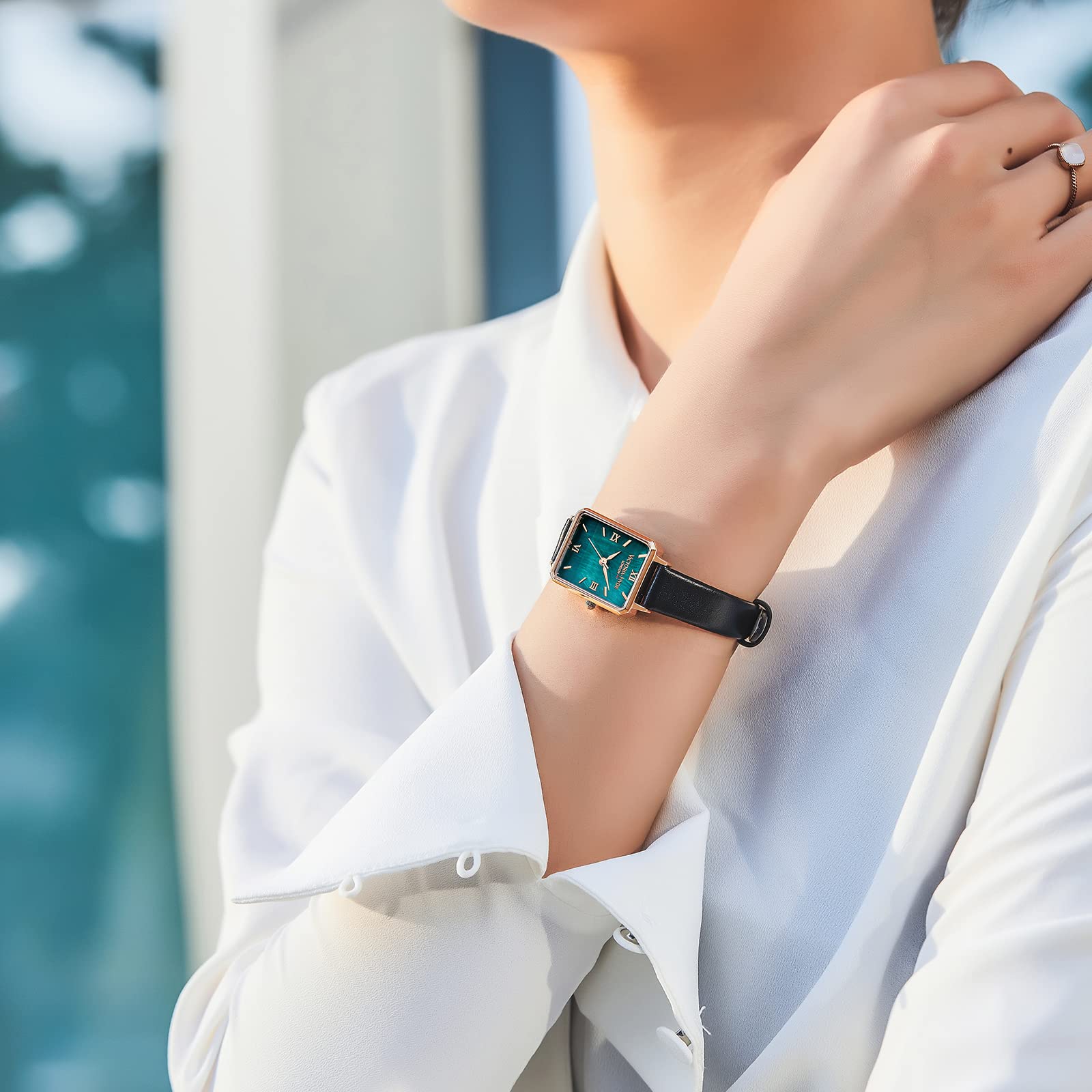 VICTORIA HYDE Gorgeous Women's Watch Green Mother of Pearl Dial Elegant Timepiece Rectangular Face Watches with Black Leather Band (Black)