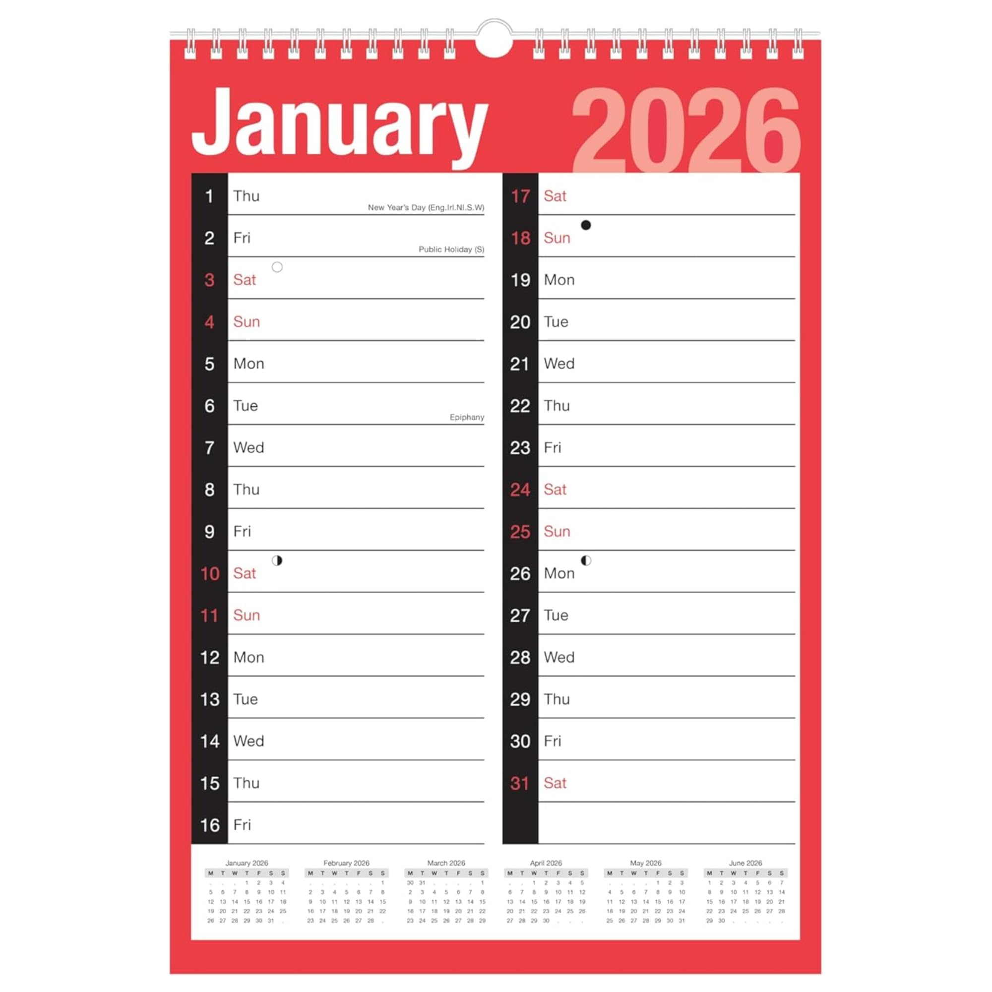2026 Calendar A3 Easy Month to View Spiral Bound Monthly Wall Planner Organiser with UK Holiday Marked for Home Business Office School - Covered 12 Months January to December
