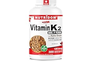 Nutridom Vitamin K2 120 mcg, 300 Capsules, MK-7 from Natto Bean, Supports Bone Health, Non-GMO, Vegan, Gluten-Free, Made In C
